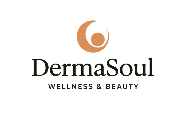 Create a modern, minimalist logo for the brand DermaSoul. The design should reflect wellness and beauty, evoking a sense of warmth, balance, and vitality. Use a contrast between black and a warm complementary color (such as terracotta, soft beige, peach, or natural green) to create a refined yet inviting look. The typography should be elegant and clean, with soft curves that inspire calmness and sophistication. The overall style must be professional, timeless, and suitable for a wellness and beauty brand."